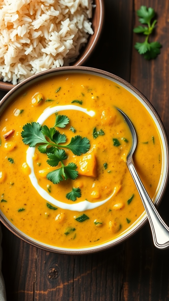 Creamy coconut lentil dal with turmeric and spinach, served in a bowl with cilantro on top, next to a bowl of rice.